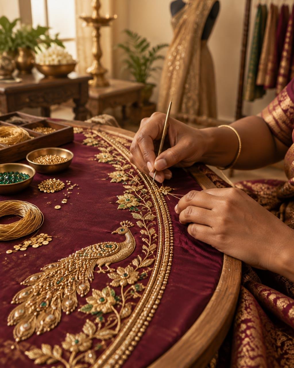 Artisan creating gold Aari embroidery on wine silk
