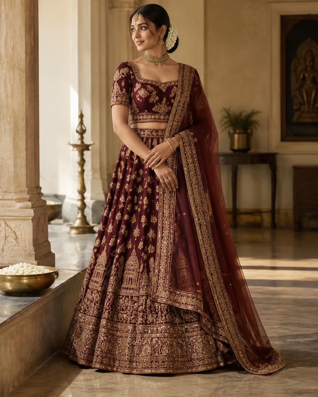 South Indian bride in a maroon and antique-gold lehenga