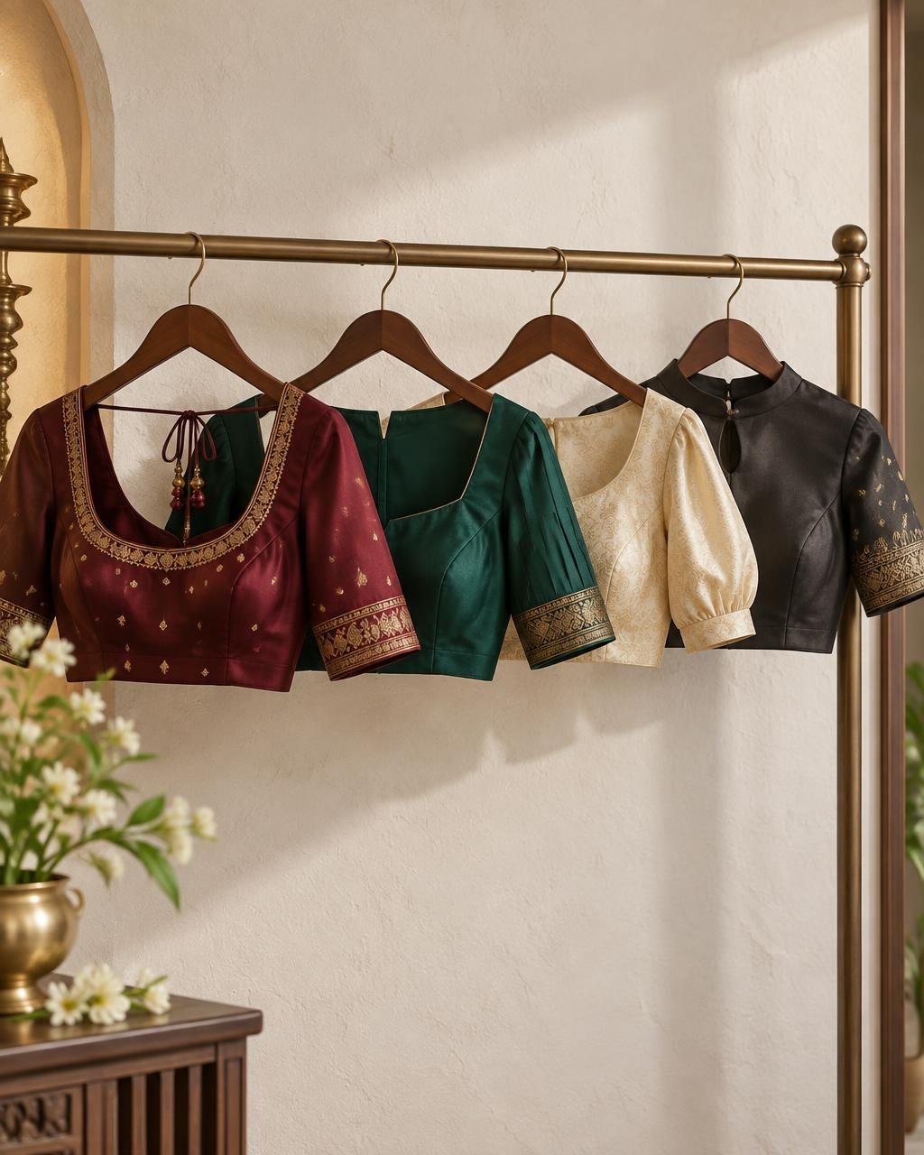 Curated ready-to-wear blouses displayed in the boutique