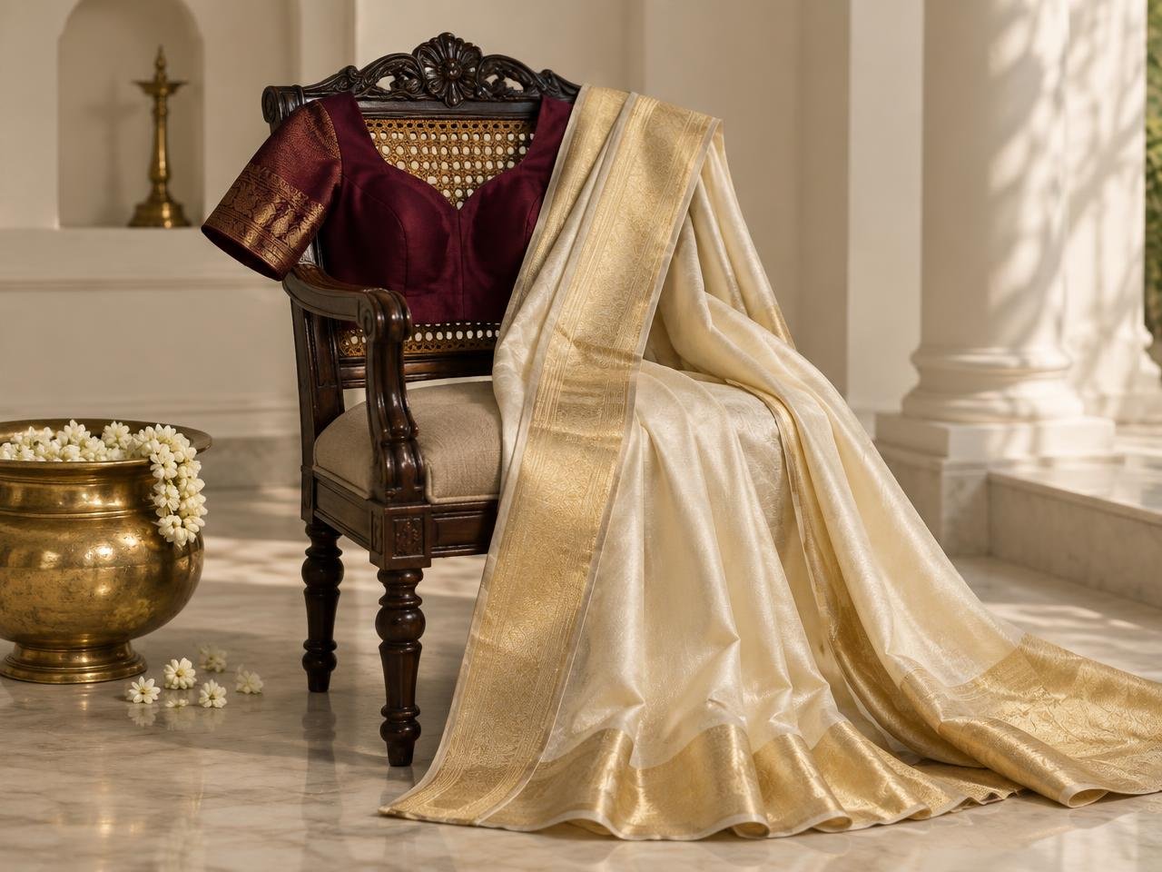 Ivory Kanjivaram saree and wine designer blouse