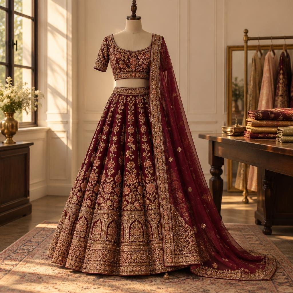 Wine bridal lehenga displayed in the couture atelier