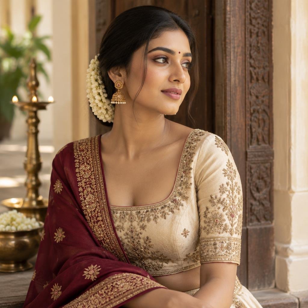 Bride in an ivory embroidered blouse and wine dupatta
