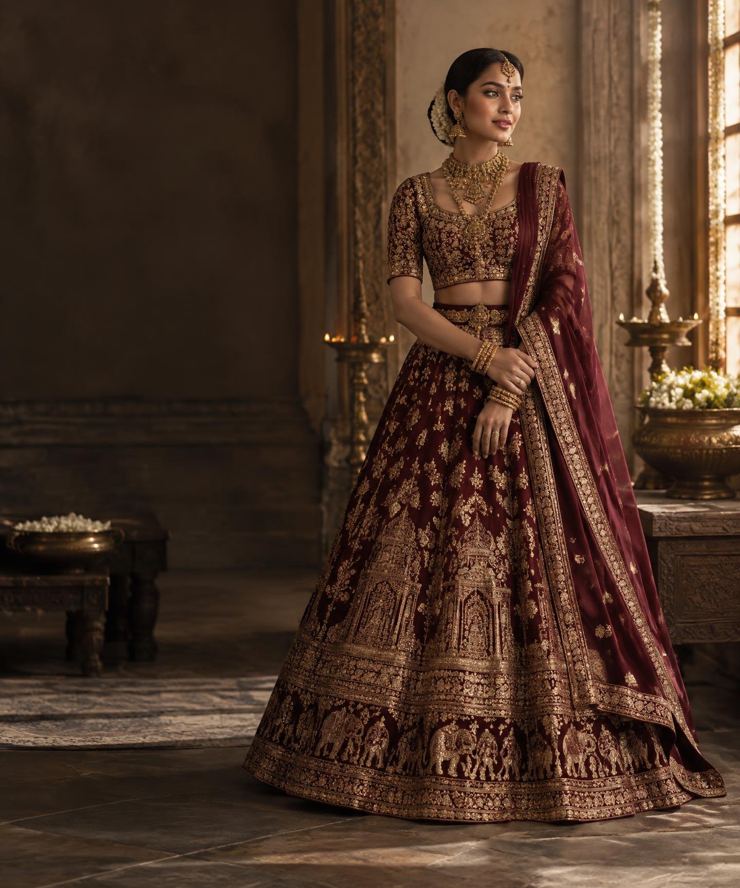 Bride wearing a richly embroidered wine and gold lehenga