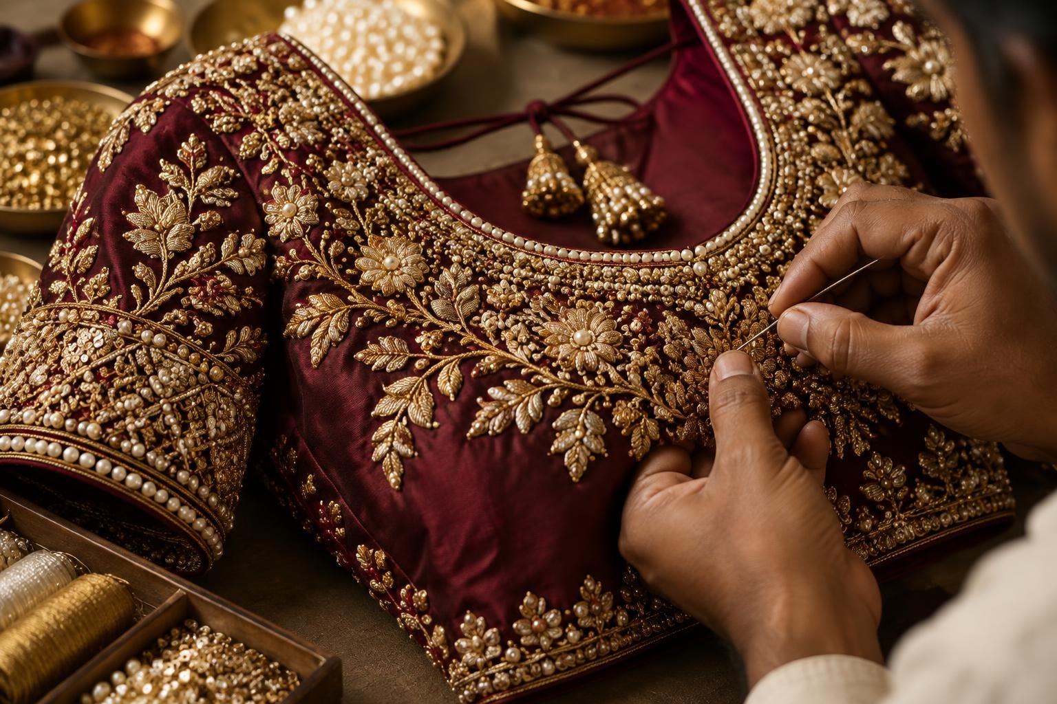 Artisan creating detailed Aari and Zardosi embroidery