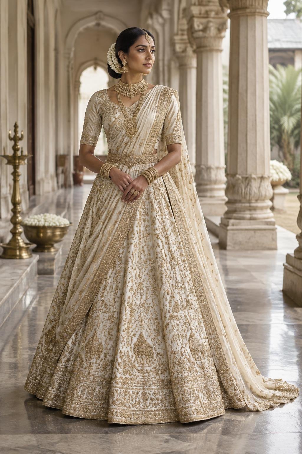 South Indian bride in an ivory and gold couture gown