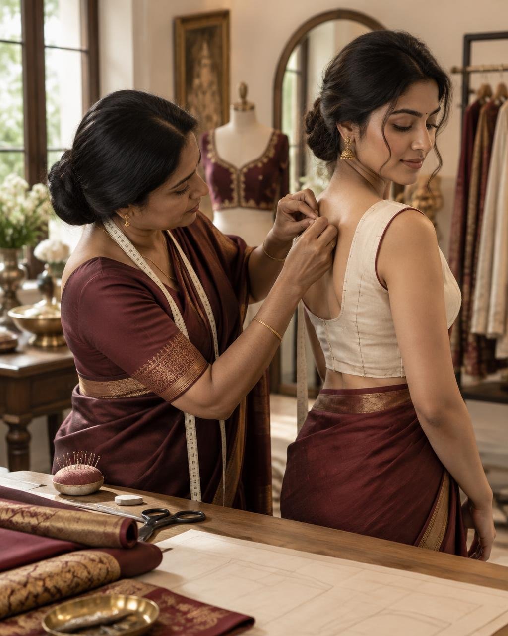 Tailor fitting a custom blouse for a client