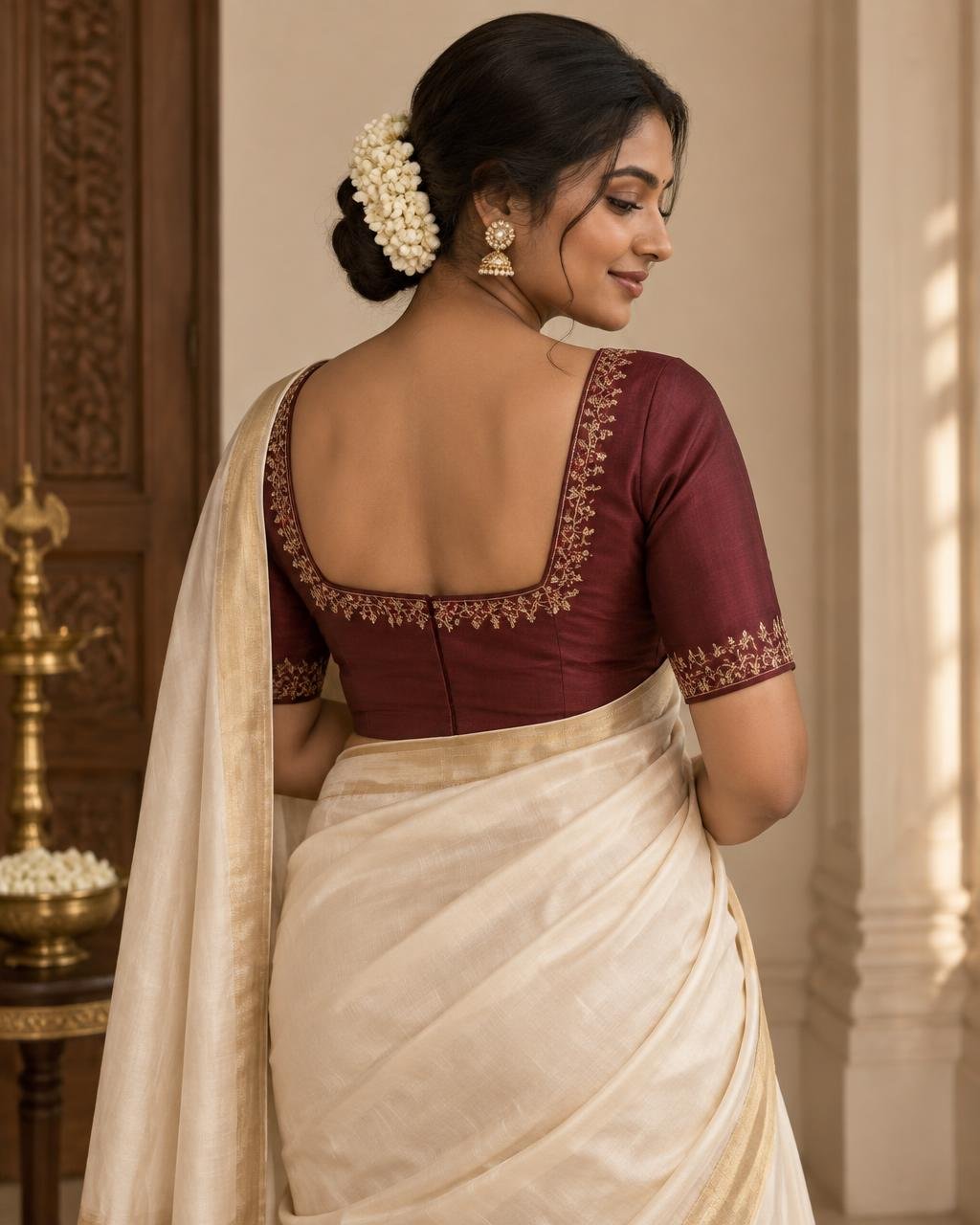 Deep wine designer blouse paired with an ivory silk saree