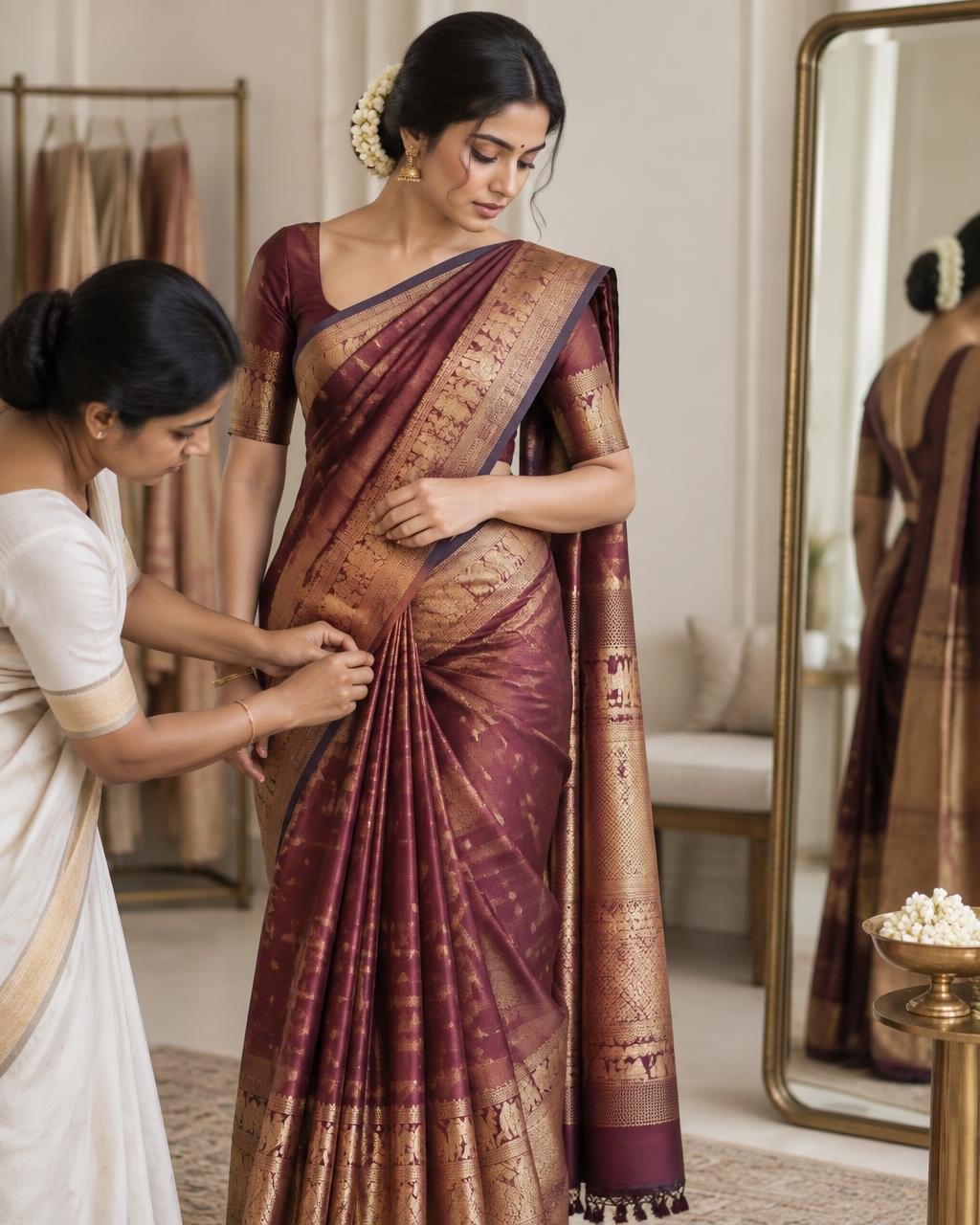 Stylist arranging the pleats of a Kanjivaram saree