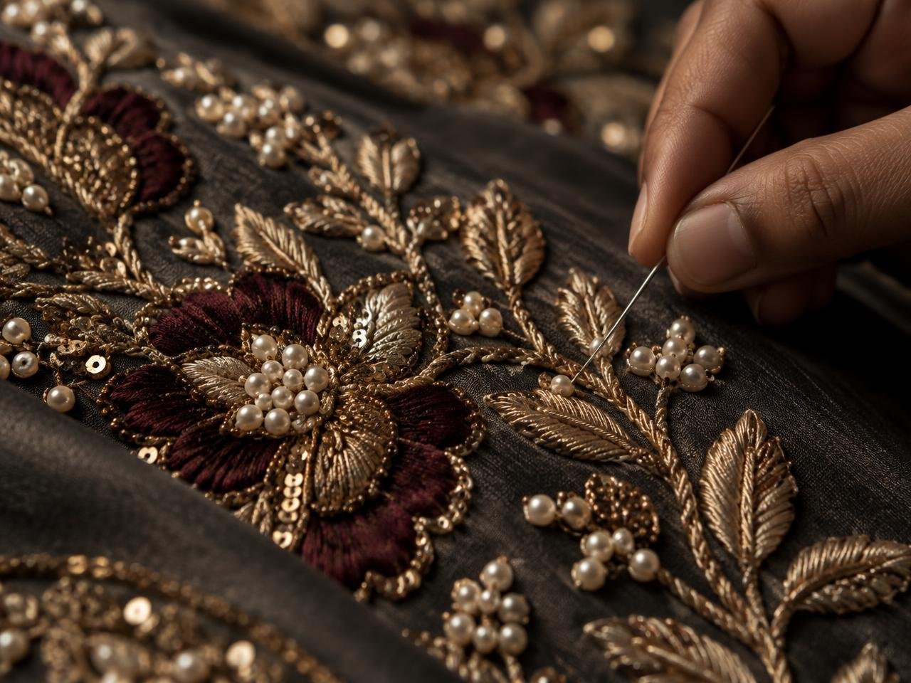 Gold Zardosi and pearl embroidery being finished by hand