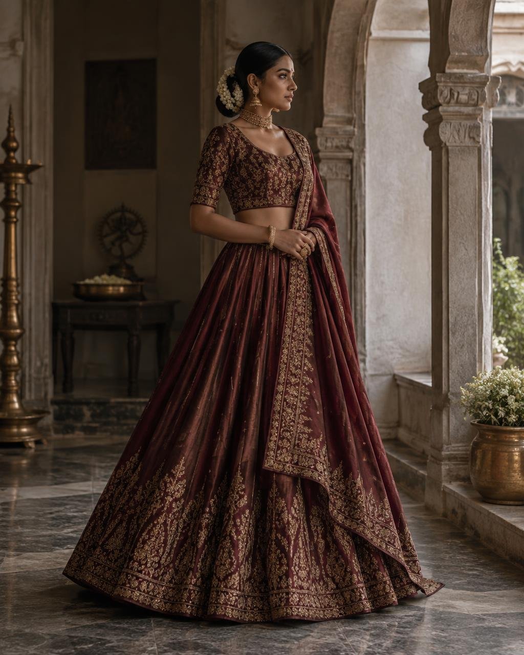 Regal maroon bridal lehenga from the Adhira Luxe Edit