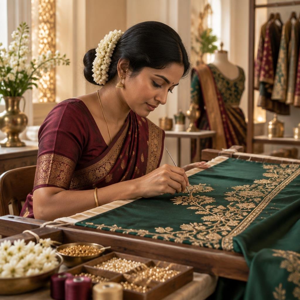 Aari artisan embroidering muted emerald silk