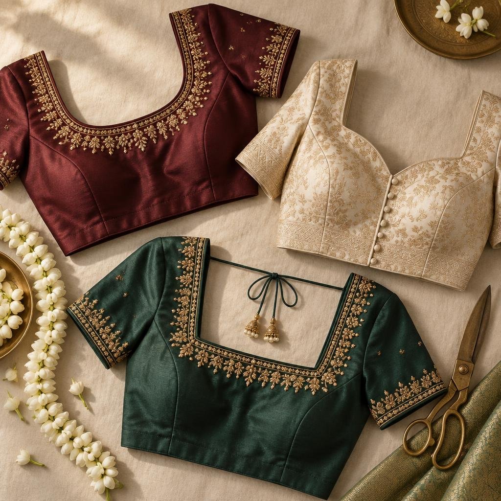 Three designer blouse necklines arranged on cream linen