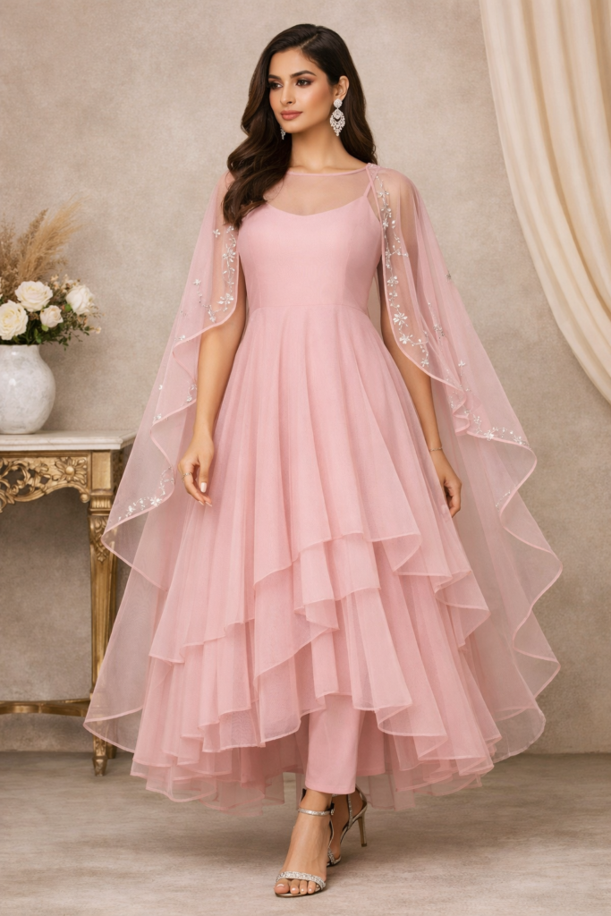 Cape Style Anarkali.Fully Customised.