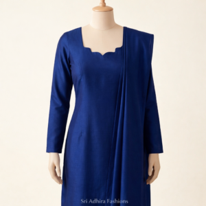 Navy Blue Scallop Neck Churidhar Design | Elegant Kurti with Dupatta