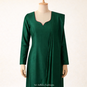 Bottle green churidhar stitching design with V neck piping by Sri Adhira Fashions Chennai