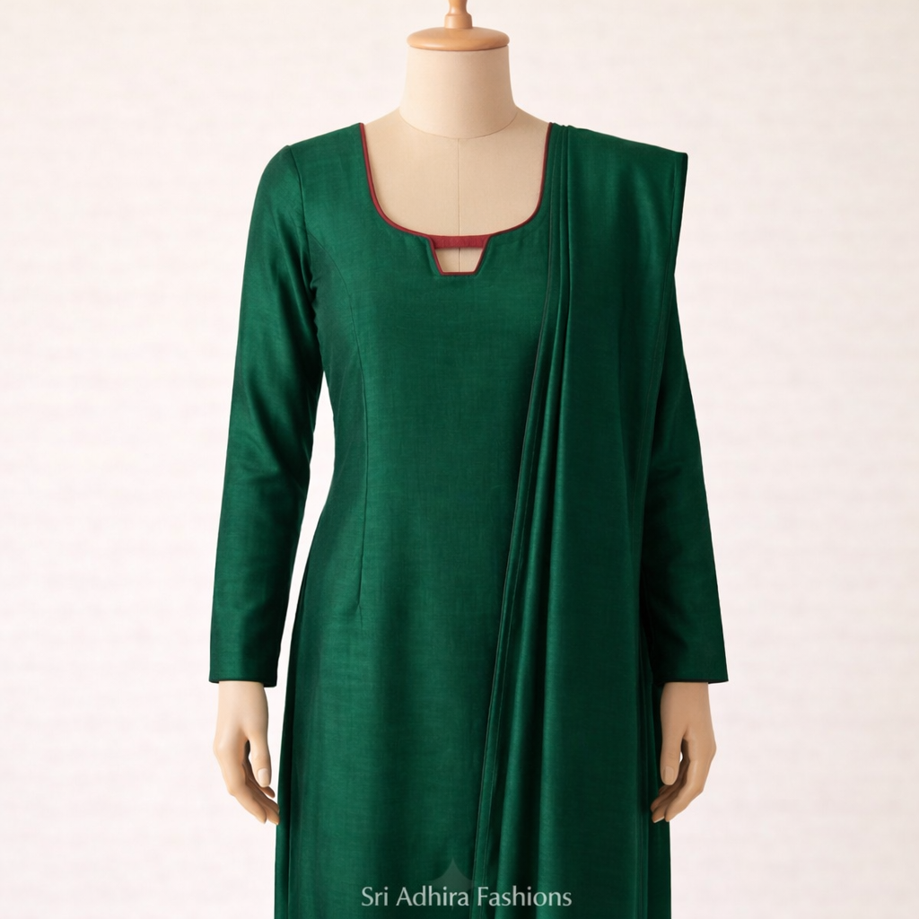 Bottle green square keyhole neck churidhar tight fit tailoring sample by Sri Adhira Fashions Chennai
