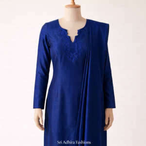 Royal blue churidar with embroidered notch neckline on mannequin – custom tailoring sample by Sri Adhira Fashions Chennai