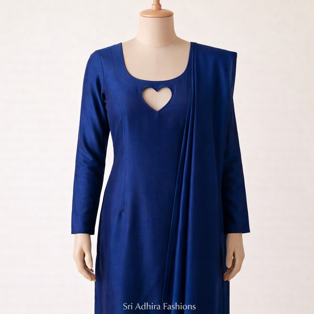 Royal blue churidar with heart-shaped neckline on mannequin – custom tailoring sample by Sri Adhira Fashions Chennai