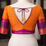 V back tie-up blouse with tassels on mannequin featuring contrast sleeves and custom tailoring design